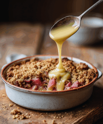 Spelt Rhubarb and Custard Crumble in a ceramic baking dish