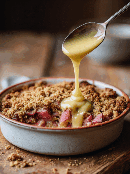 Spelt Rhubarb and Custard Crumble in a ceramic baking dish