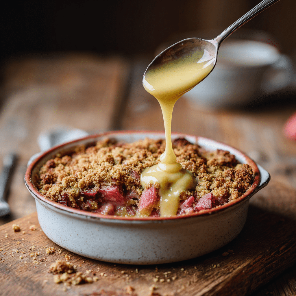 Spelt Rhubarb and Custard Crumble in a ceramic baking dish