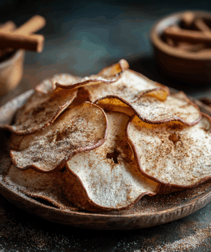 sliced spelt apple chips arranged on a rustic wooden plate