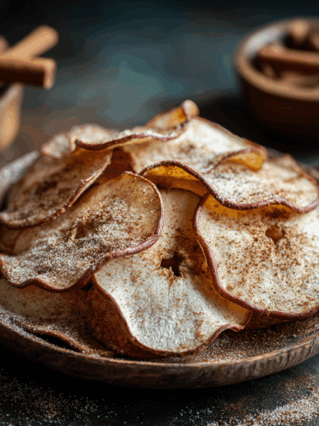 sliced spelt apple chips arranged on a rustic wooden plate