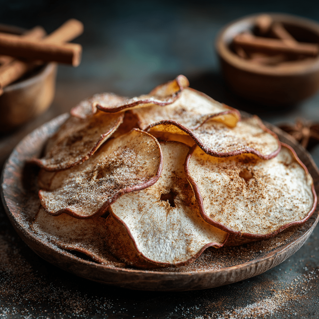 sliced spelt apple chips arranged on a rustic wooden plate