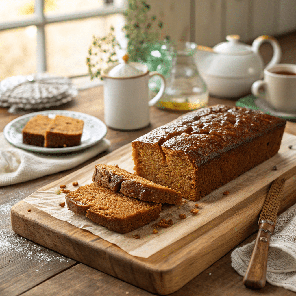 spelt Yorkshire Parkin sliced on a wooden board