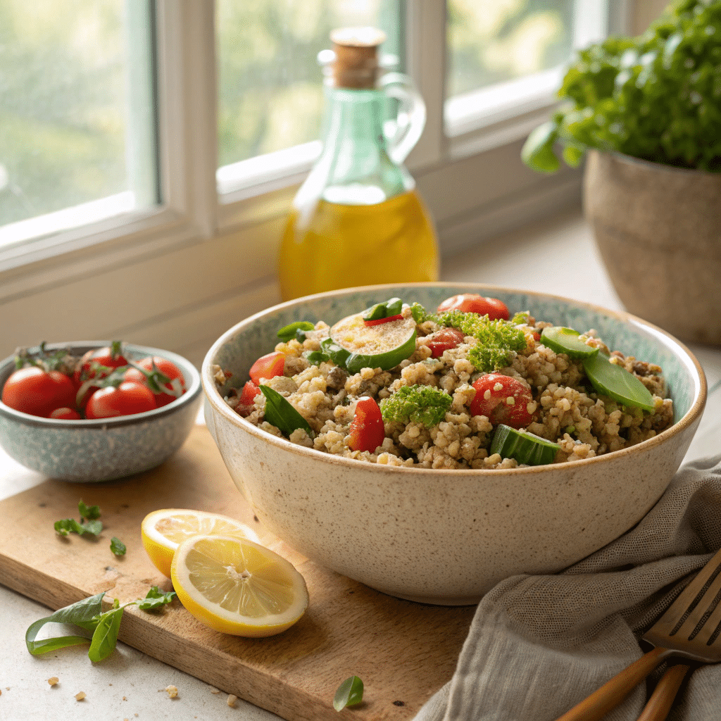 spelt and quinoa salad in a ceramic bowl