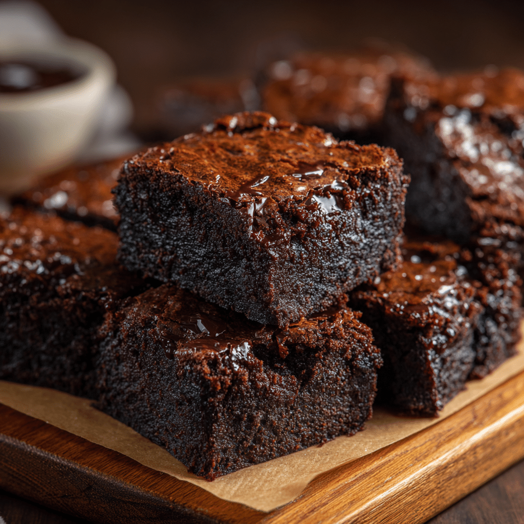 spelt Guinness brownies cut into neat squares, dark and fudgy with a glossy top.