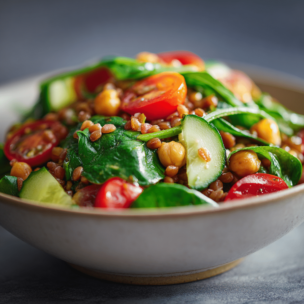 A bowl of Spelt Chickpea and Spinach Salad