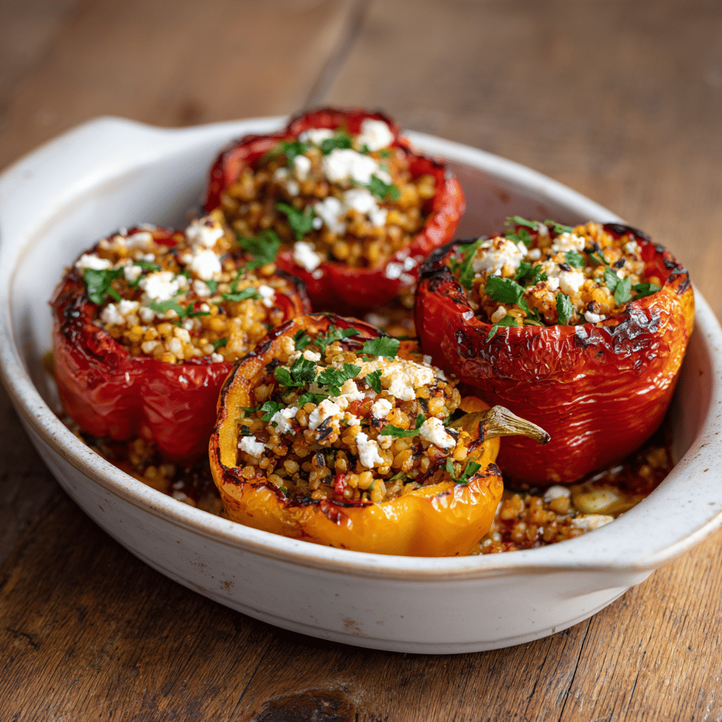 A dish of four Spelt Stuffed Peppers, roasted until soft with lightly charred edges.