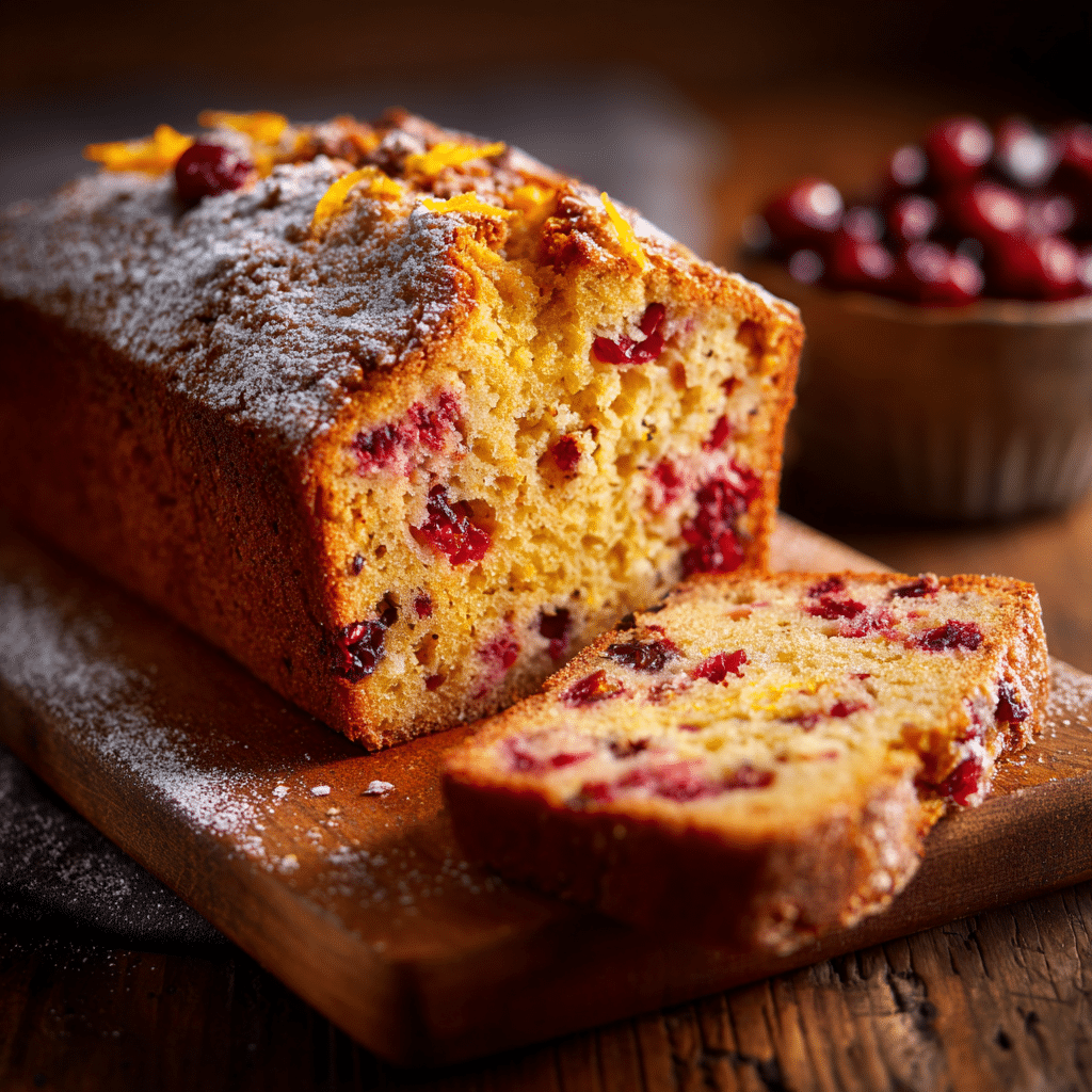 Spelt Cranberry and Orange Loaf on a wooden board.