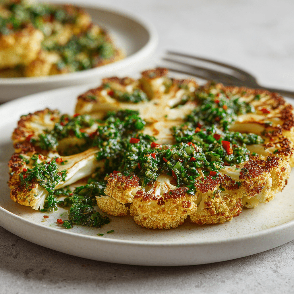 Spelt Cauliflower Steak with Chimichurri Sauce.