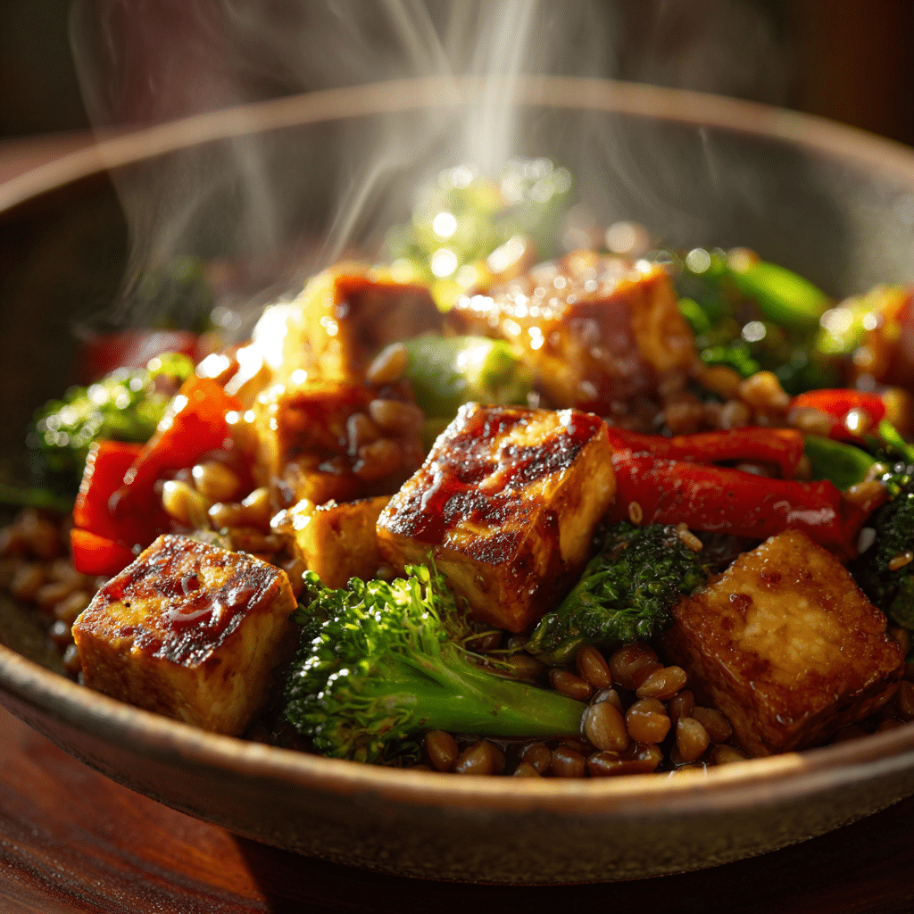 close-up shot of a Spelt Stir-Fry with Tofu and Veggies in a ceramic artisan bowl.
