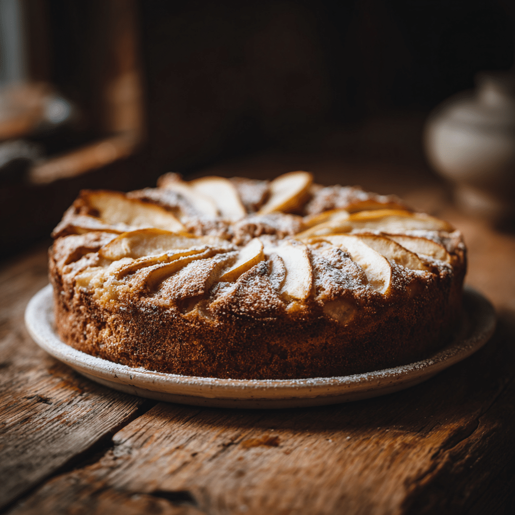 Spelt Somerset Apple Cake on a wooden table.