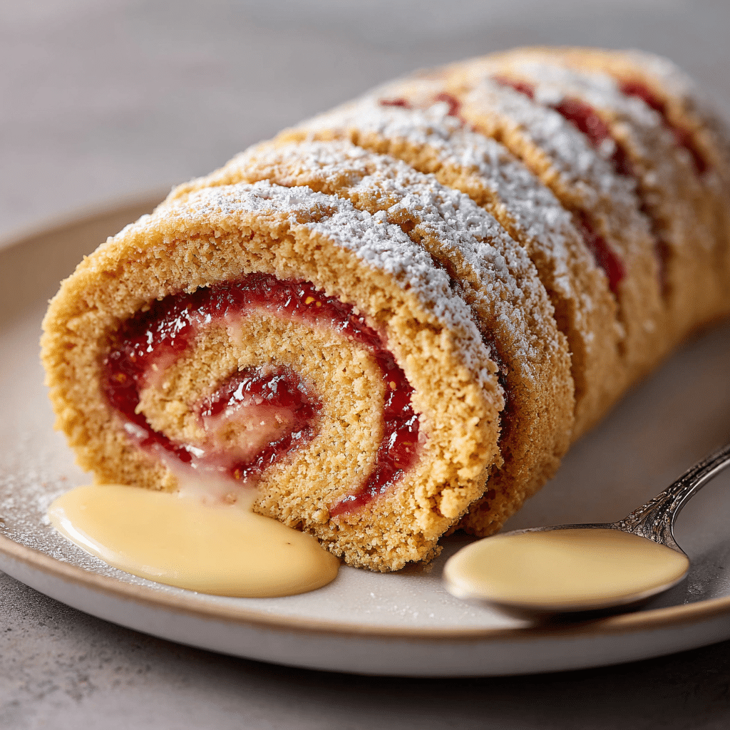 freshly baked Spelt Jam Roly-Poly made with spelt flour and strawberry jam.