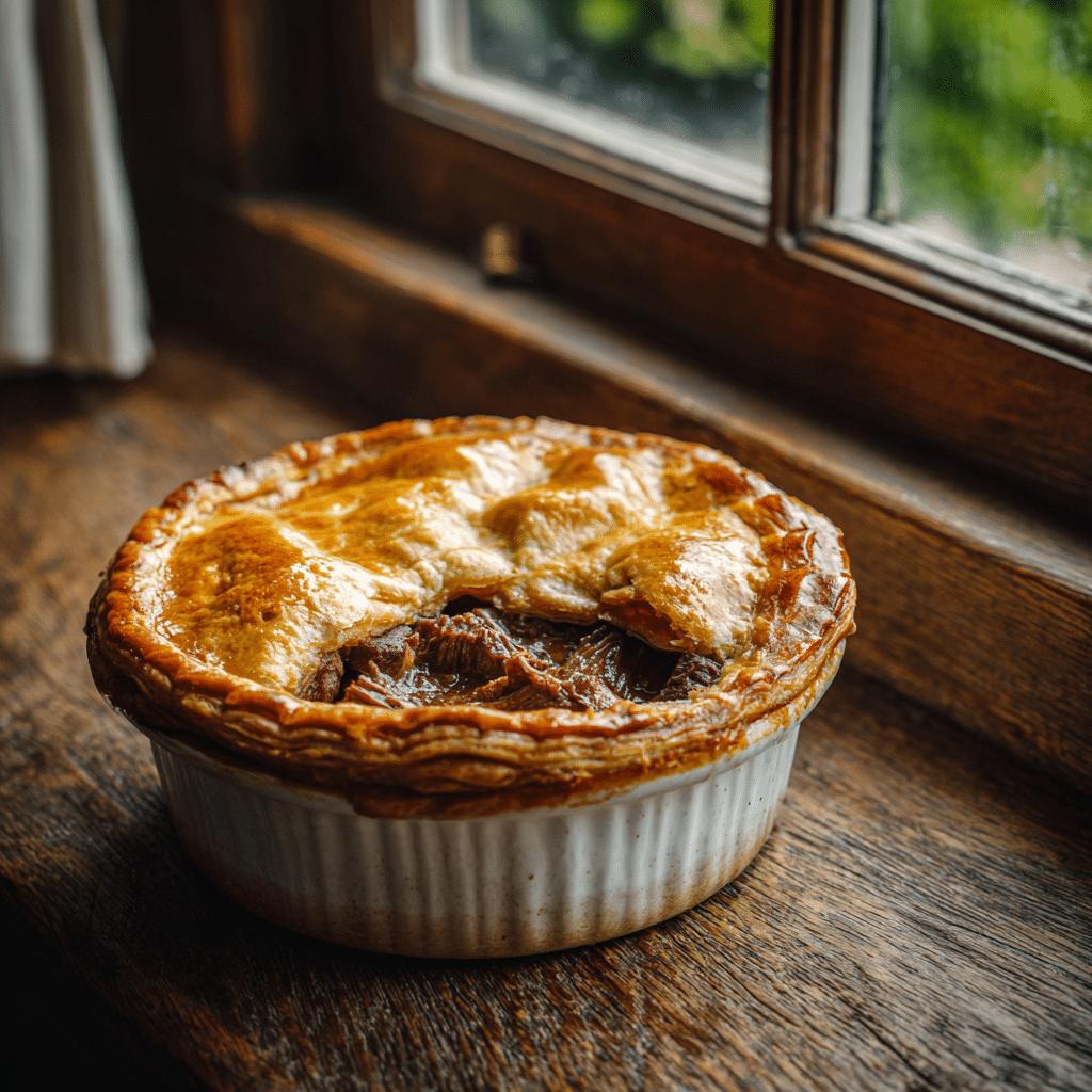 Spelt Stout and Steak Pie in a ceramic dish