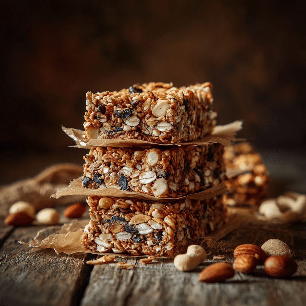 spelt dark ale granola bars stacked on parchment