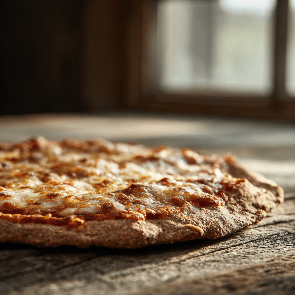 spelt lager pizza dough baked into a thin-crust pizza, golden edges, airy crumb, rustic wooden table