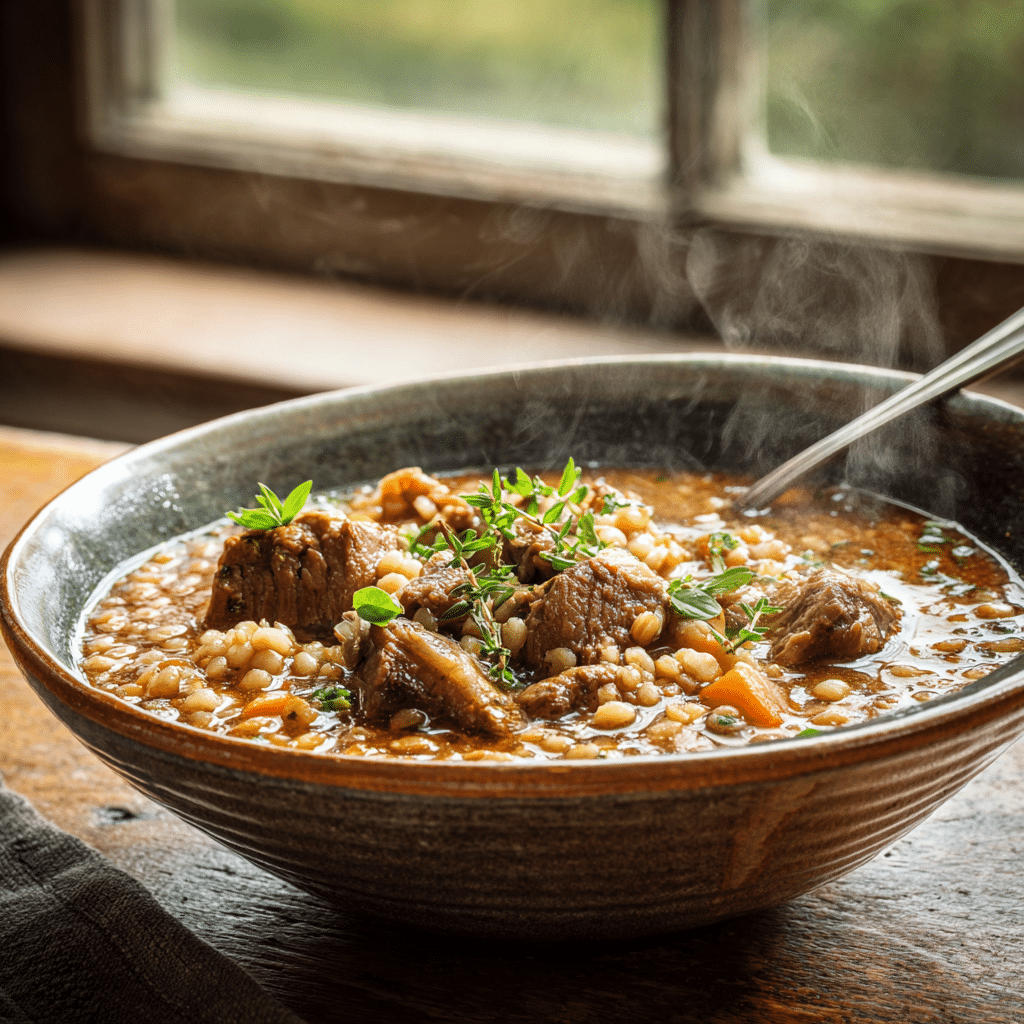 spelt lamb stew in a deep ceramic bowl, tender lamb pieces, visible spelt grains, thick gravy, steam rising, rustic table