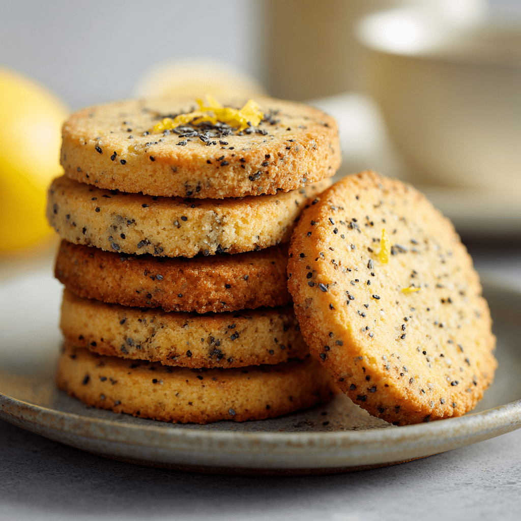 spelt lemon and poppy seed cookies stacked on a plate.