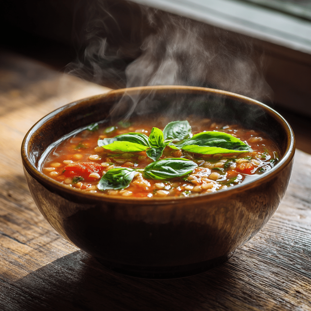 spelt tomato and basil soup in a ceramic bowl