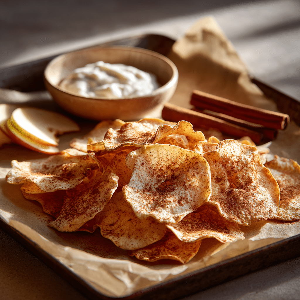 Spelt & Apple Chips piled on a parchment-lined baking tray.