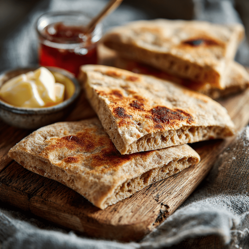 Realistic high-resolution photo of Northern Irish spelt soda farls. Four soft triangular farls, lightly browned, cooked on a griddle, placed on a linen-lined wooden board.