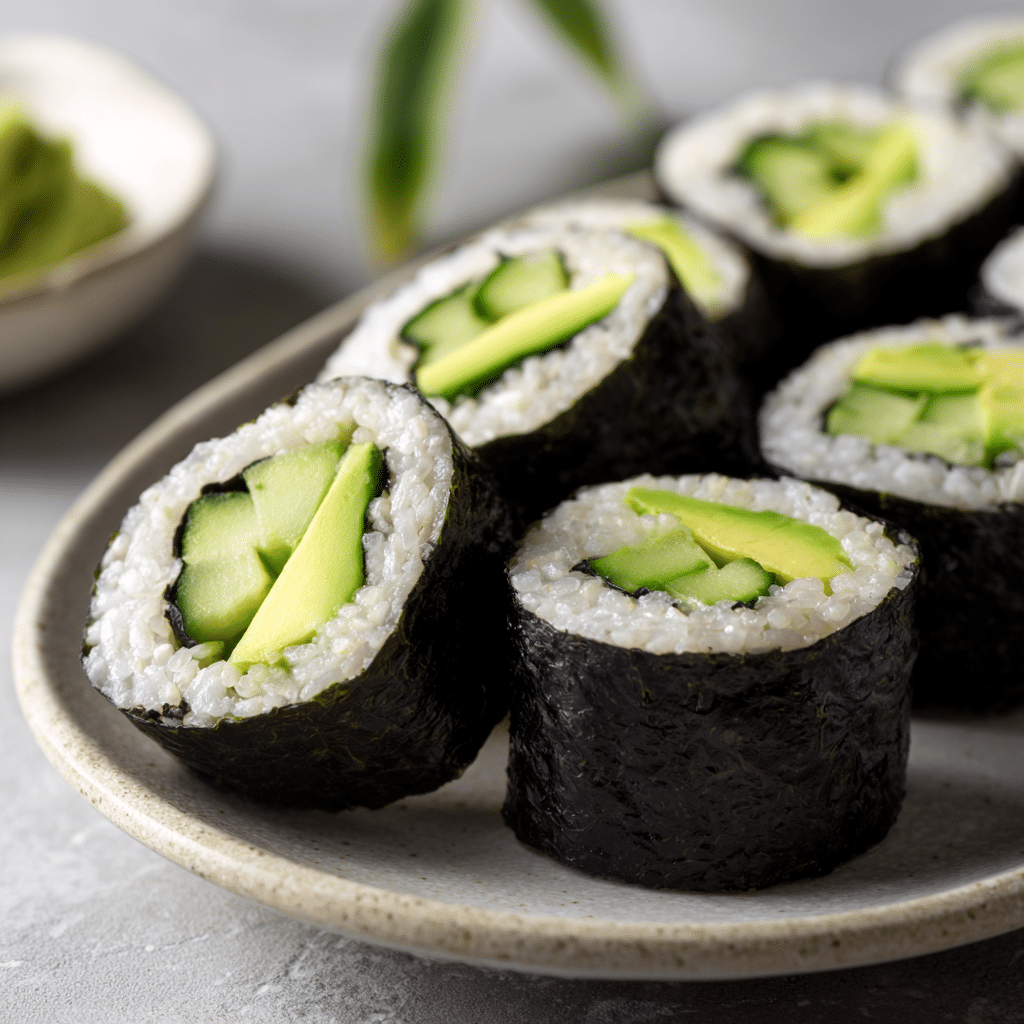 Spelt Sushi Rolls with Avocado and Cucumber.