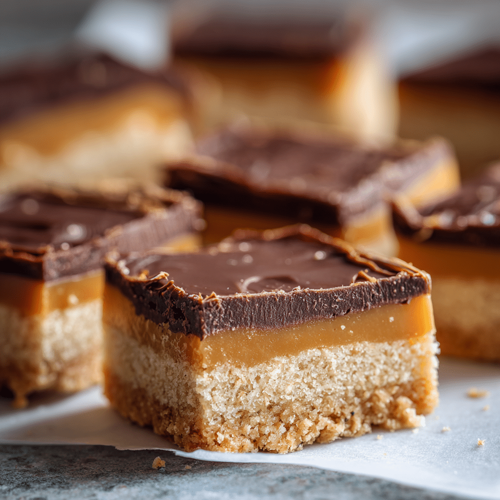Realistic photo of Spelt Millionaire’s Shortbread, cut into neat squares showing three layers