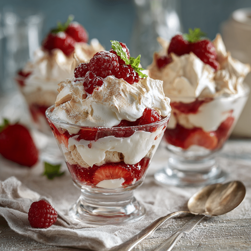 Ultra-realistic food photography of Spelt Eton Mess with Meringue. Glass dessert cups filled with layers of broken spelt meringue, soft whipped cream, strawberries, raspberries, and a berry topping.