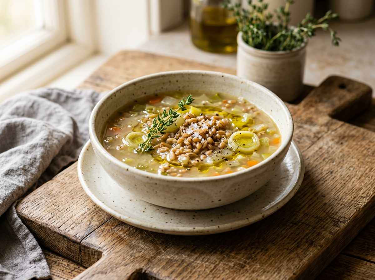 Ceramic bowl of spelt and leek soup with whole spelt berries, soft leeks, and fresh thyme on an oak board
