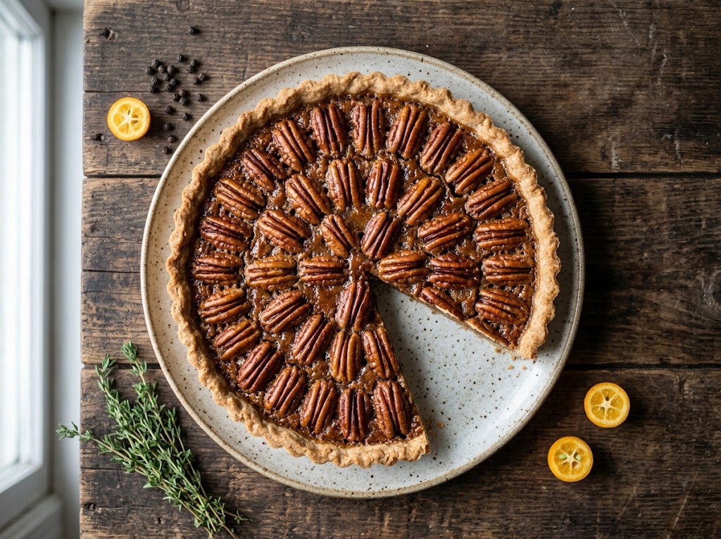 Whole spelt pecan pie with concentric pecan halves and amber maple glaze on a dark wooden board