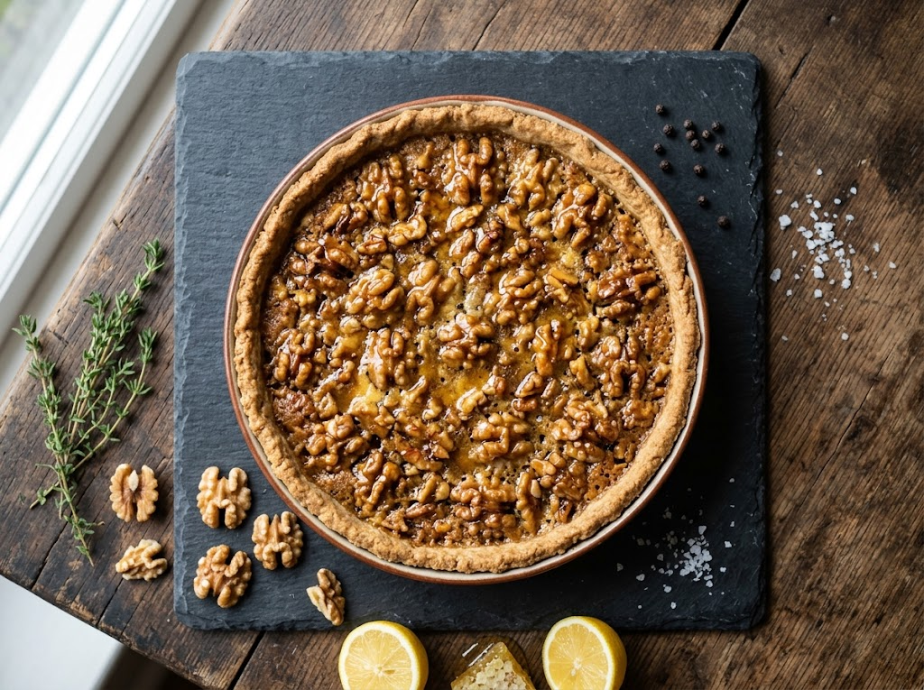 Whole spelt honey and walnut tart on a slate board with honey pot and scattered walnuts in warm light