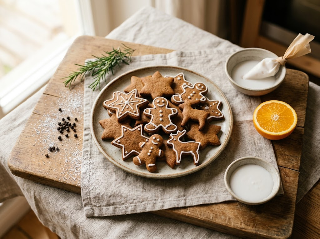 Spelt gingerbread cookies in star and gingerbread-man shapes decorated with white royal icing on a rustic wooden board.