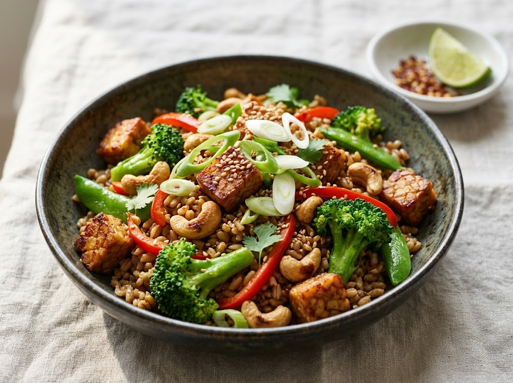 Shallow bowl of spelt stir-fry with crispy tempeh cubes, toasted cashews, broccoli, and snap peas on linen