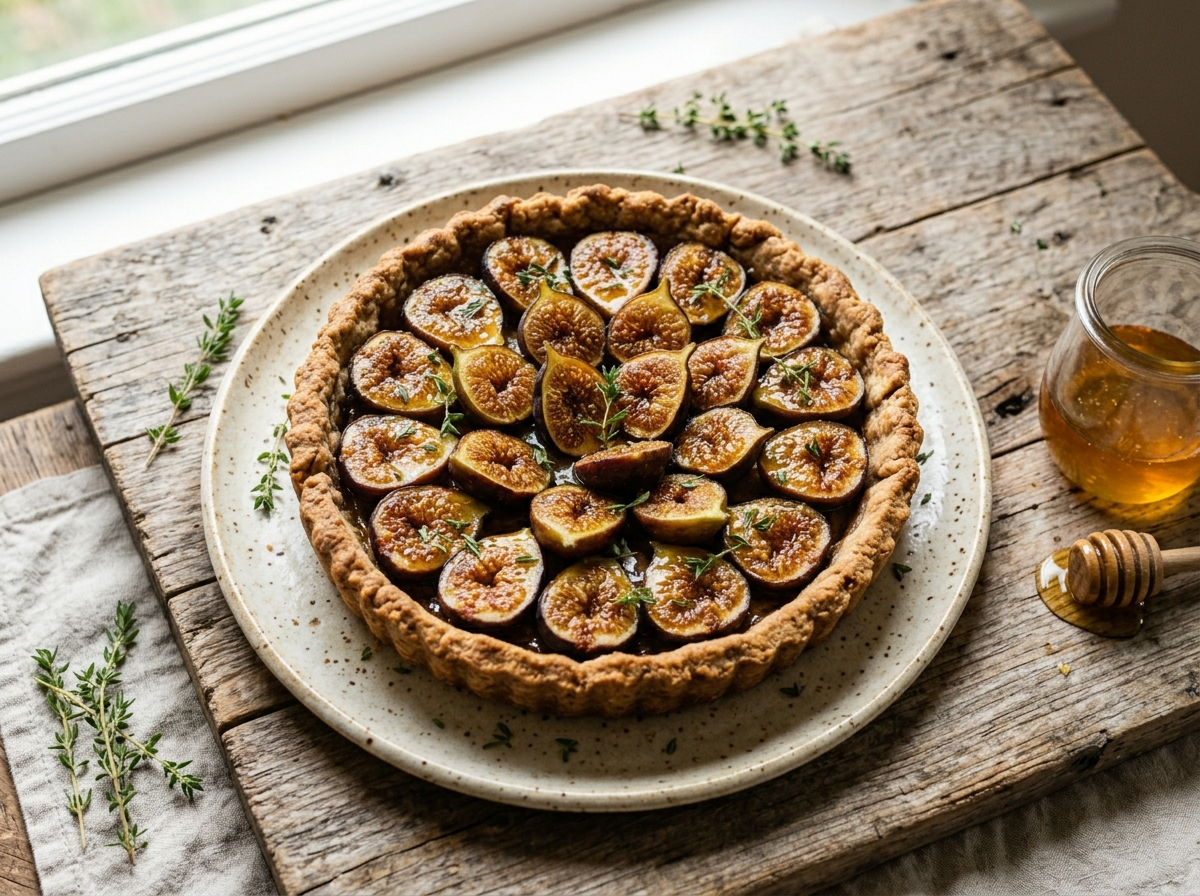 Rustic spelt flour fig tart with caramelised figs, honey glaze, and fresh thyme on a wooden board