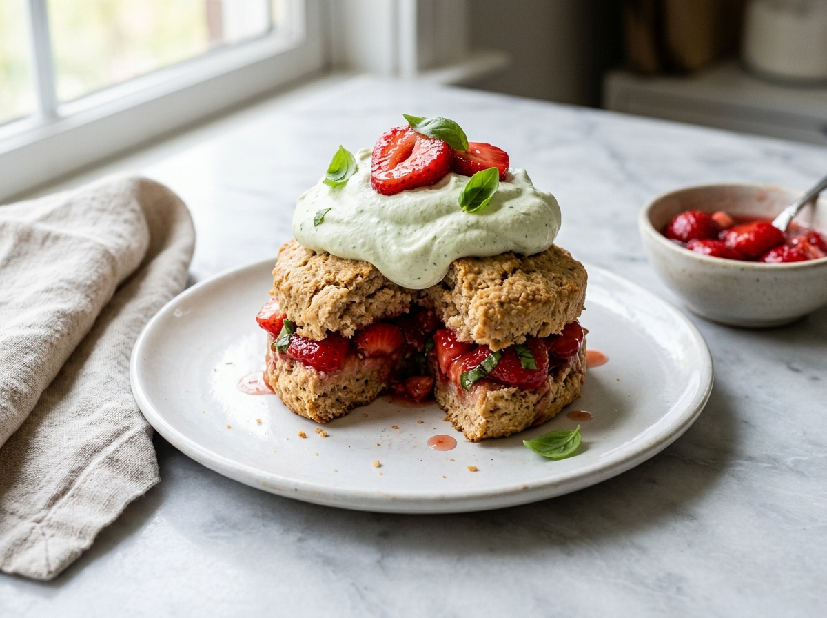 Assembled spelt strawberry basil shortcake on white plate with macerated strawberries and basil cream
