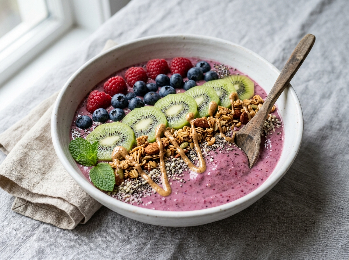 Thick spelt superfood smoothie bowl topped with raspberries, blueberries, kiwi, granola, and chia seeds in a white ceramic bowl