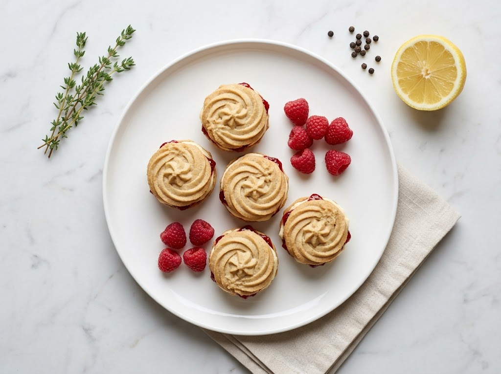 Six spelt Viennese whirl sandwich biscuits on a white plate showing piped rosettes and raspberry jam filling