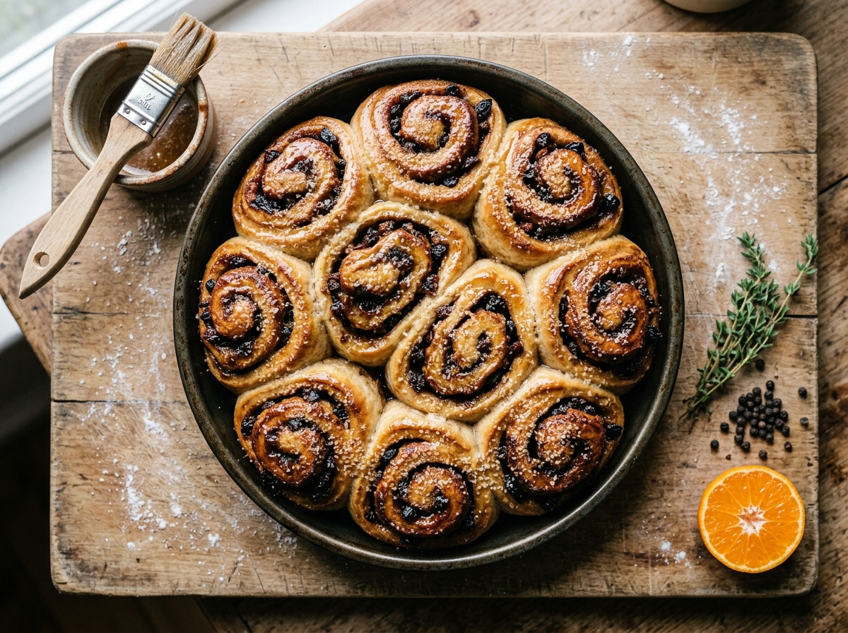 Twelve glazed spelt mincemeat Chelsea buns in a baking tin showing dark fruit filling at the swirled edges