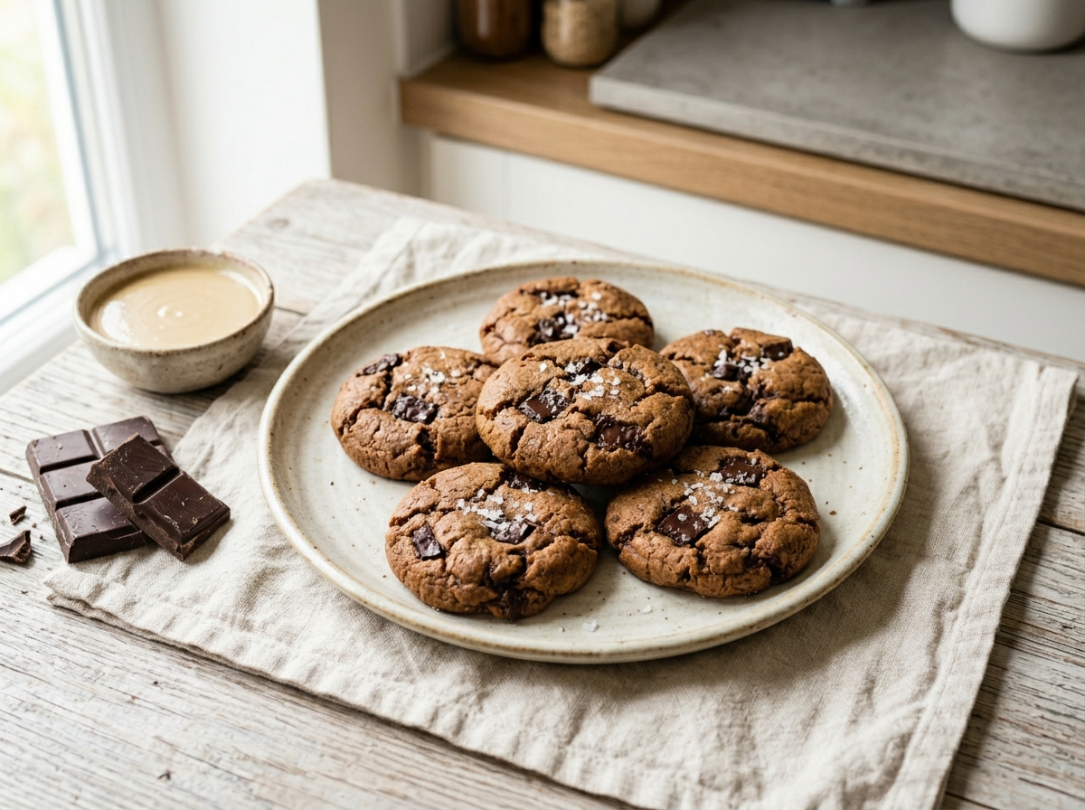 Six spelt dark chocolate tahini cookies with cracked tops and flaky salt on cream linen, dark chocolate chunks visible