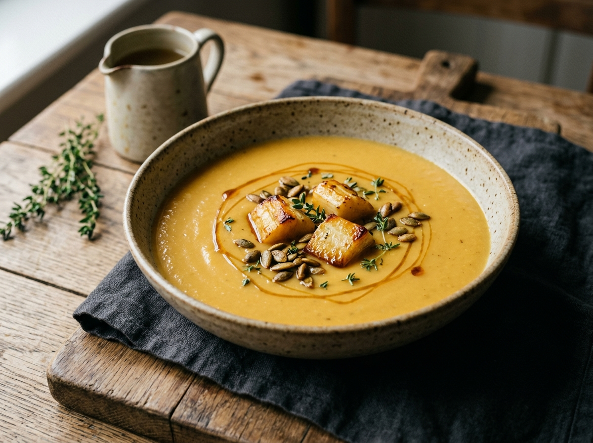 Bowl of smooth spelt maple roasted parsnip soup topped with pumpkin seeds and caramelized parsnip pieces on dark linen