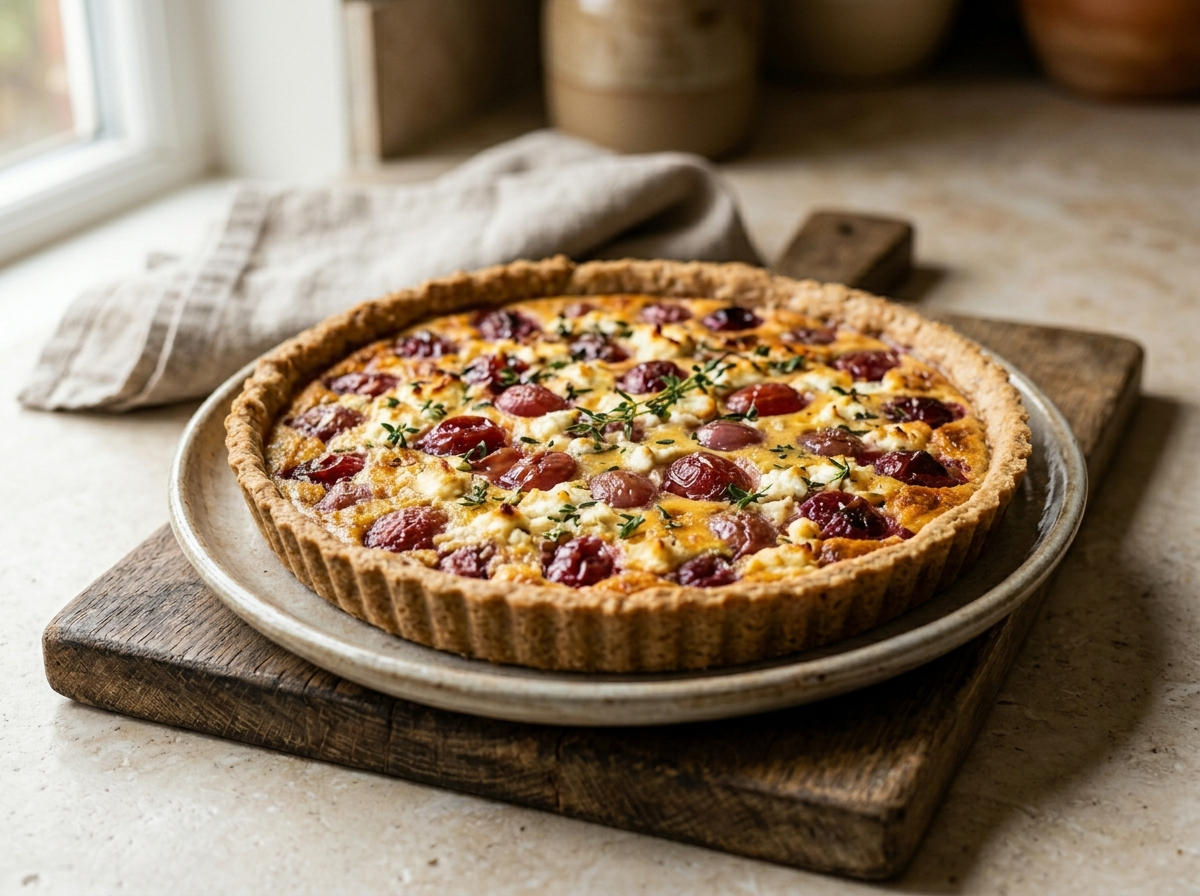 Spelt roasted grape and goat cheese tart in a fluted tin, showing jammy grapes and golden custard filling on a wooden board