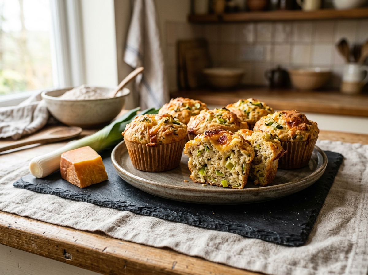 Six golden spelt smoked cheddar and leek muffins on a slate board with a halved muffin showing the cheesy leek crumb