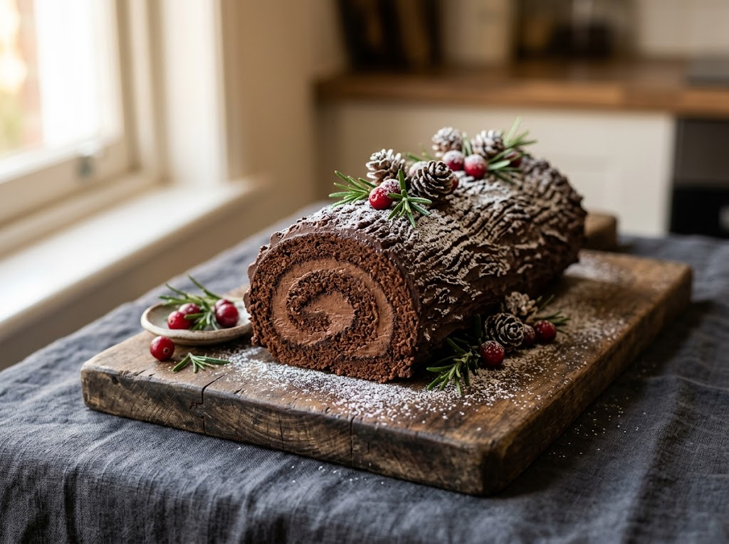 Whole spelt Yule Log on a wooden board with bark-textured chocolate buttercream, icing sugar dusting, and a cut slice showing dark chocolate spiral filling.