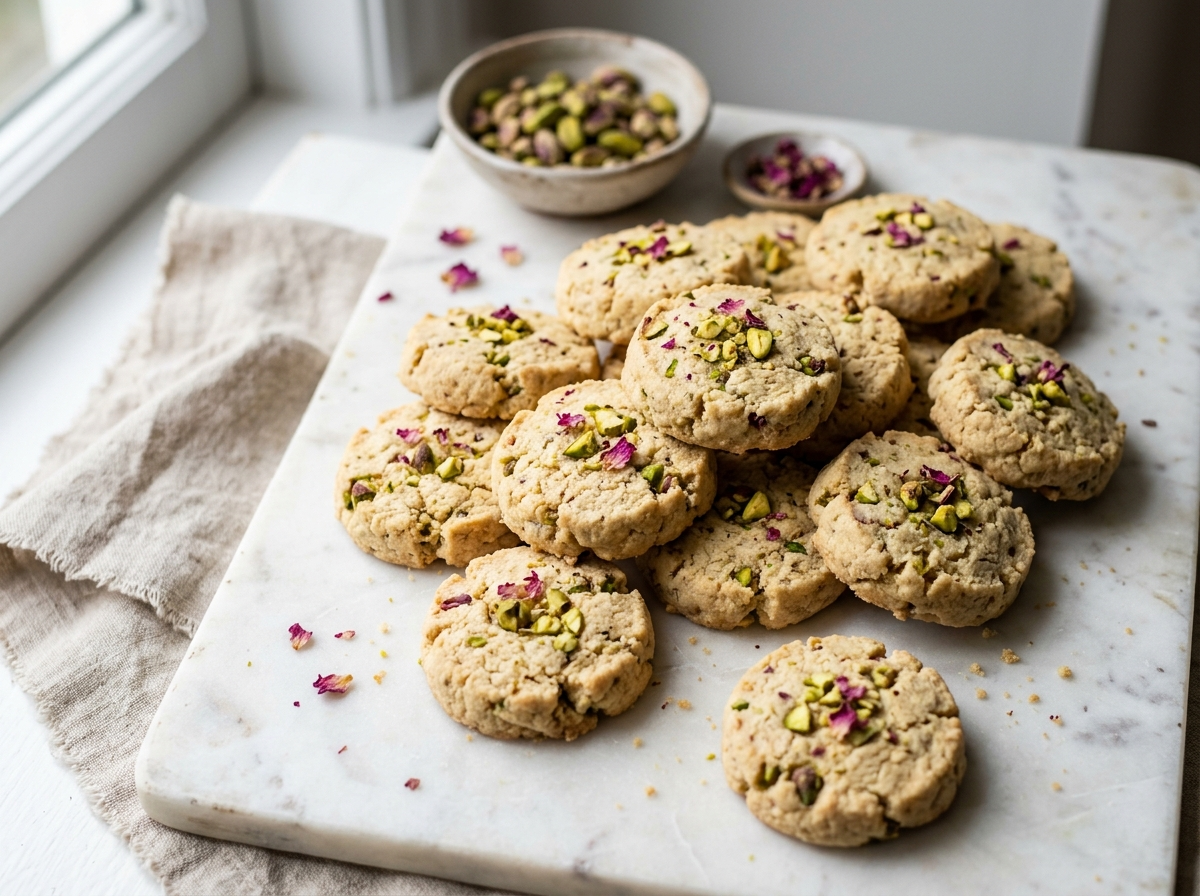 Stack of spelt pistachio and rose shortbread biscuits on white marble with rose petals and pistachios scattered around