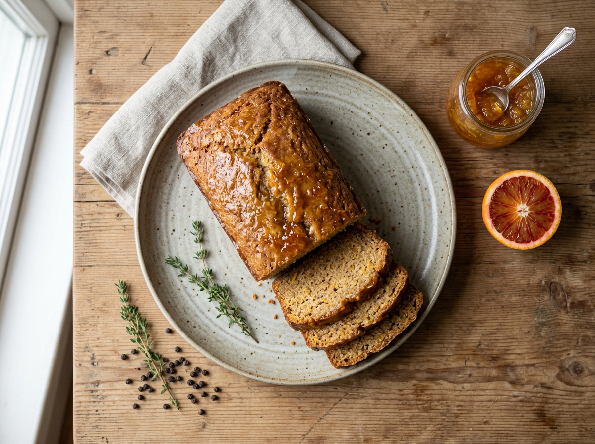 Sliced spelt orange marmalade breakfast loaf on a wooden board showing moist wholegrain crumb and amber glaze