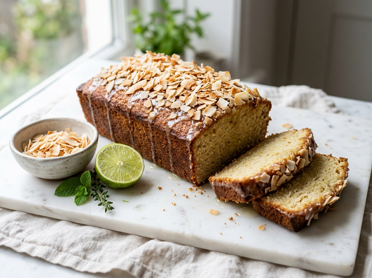 Spelt coconut lime drizzle cake on marble surface with toasted coconut topping and fresh limes beside it