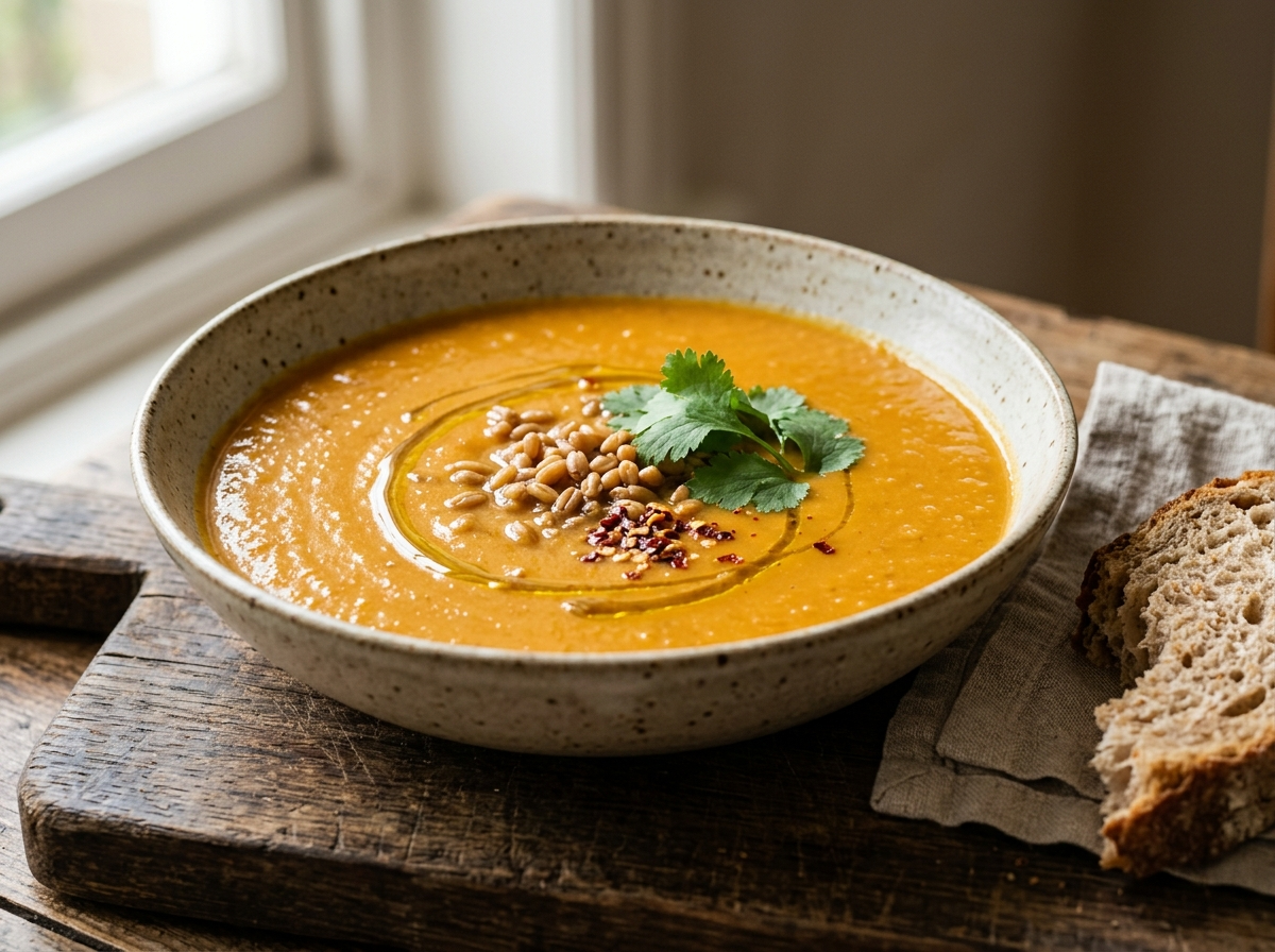 Bowl of smooth spelt carrot and ginger soup with whole spelt berries on top and a drizzle of olive oil