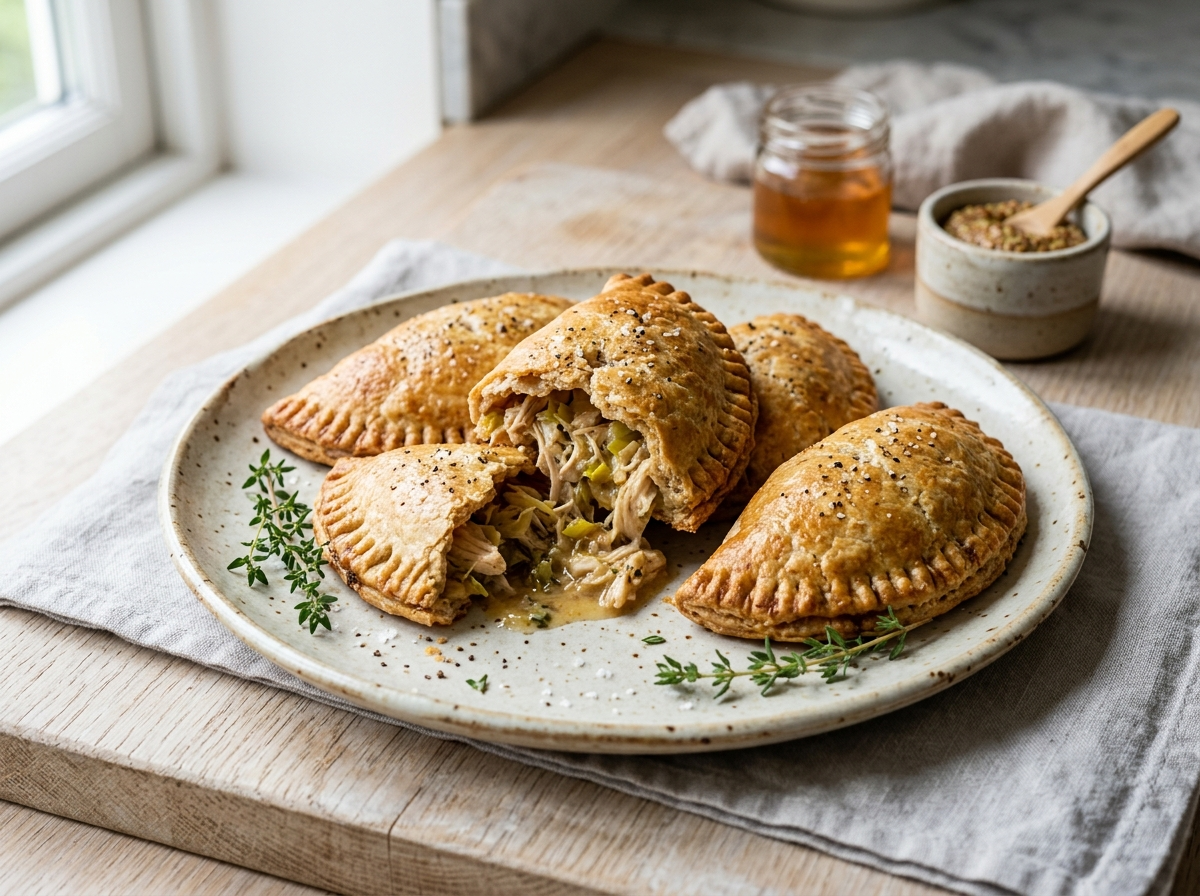 Four golden baked spelt hand pies on linen, one broken open to reveal honey mustard chicken and leek filling