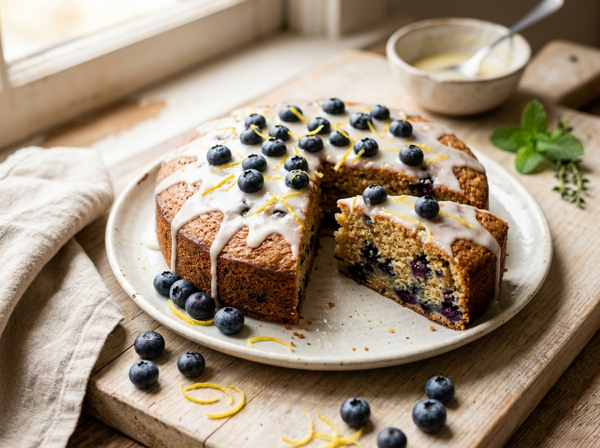 Sliced spelt blueberry lemon breakfast cake with white lemon drizzle, fresh blueberries and zest on a wooden board