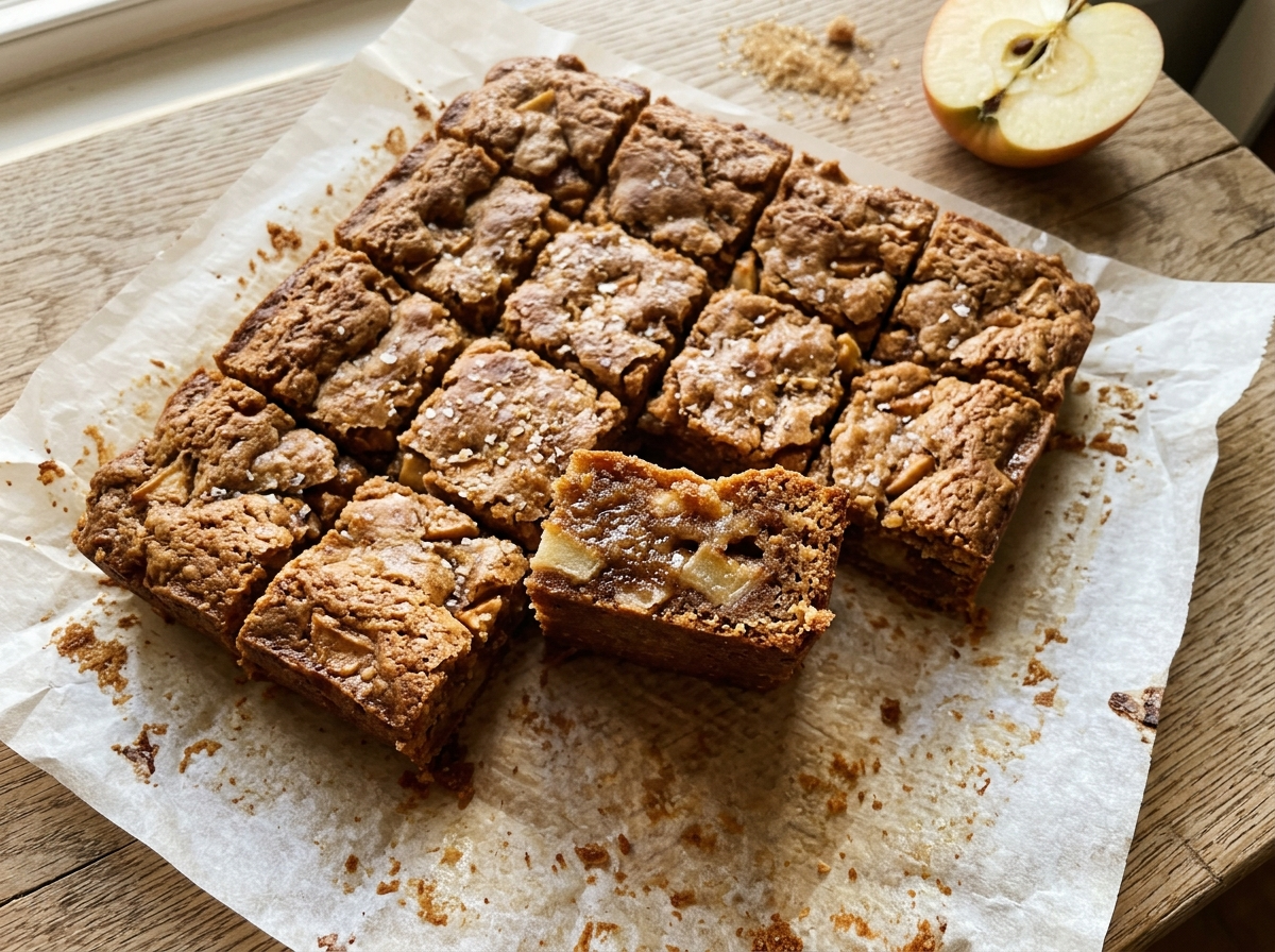 Spelt brown butter apple blondies cut into squares on parchment paper showing a dense fudgy interior with soft apple pieces.