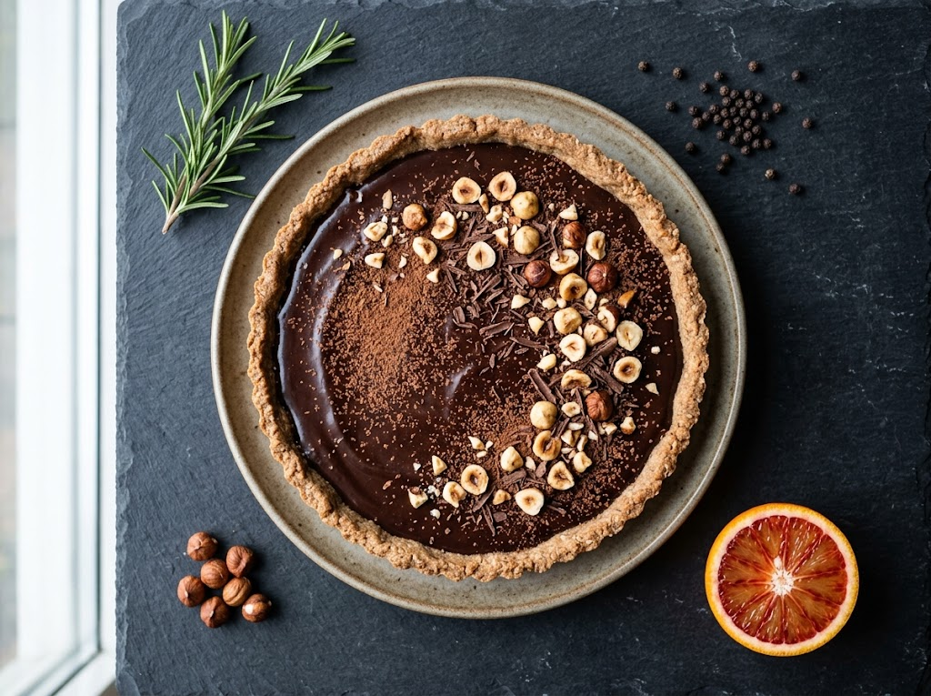 Whole spelt chocolate tart with toasted hazelnuts on slate, one slice pulled away to show dark ganache filling and wholemeal crust